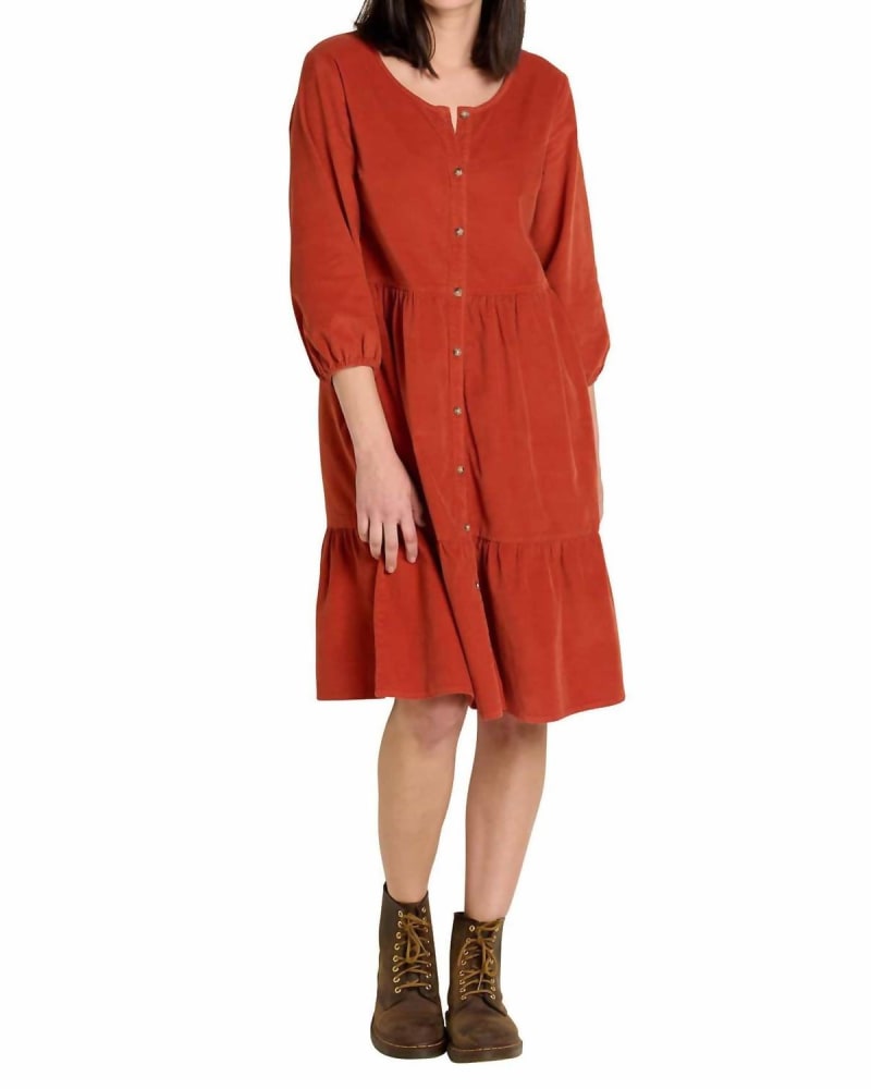 Front of a model wearing a size XLarge Scouter Cord Tiered Long Sleeve Dress In Cinnamon in Cinnamon by TOAD&CO. | dia_product_style_image_id:342883